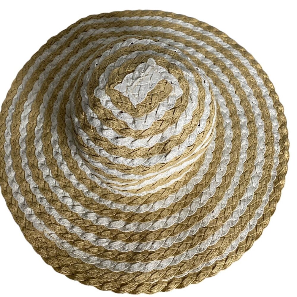 Womens Straw Sun Hat Wide Brim Tan Ivory Woven 57cm ( approx: 22") Beach Summer - Picture 3 of 4